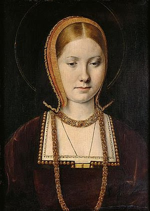 Image of a young woman in a gable hood, with strawberry blonde hair showing