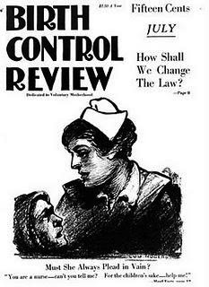 Cover of a periodical titles Birth Control review, with a drawn image of a woman in a nurse's cap, holding another woman who appears to be in pain.