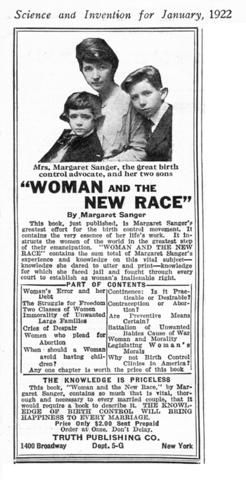 Photo image of an advertisement for Margaret Sanger's book, "Woman and the New Race." It features a photo of Sanger, flanked by her two sons, but is mostly text.
